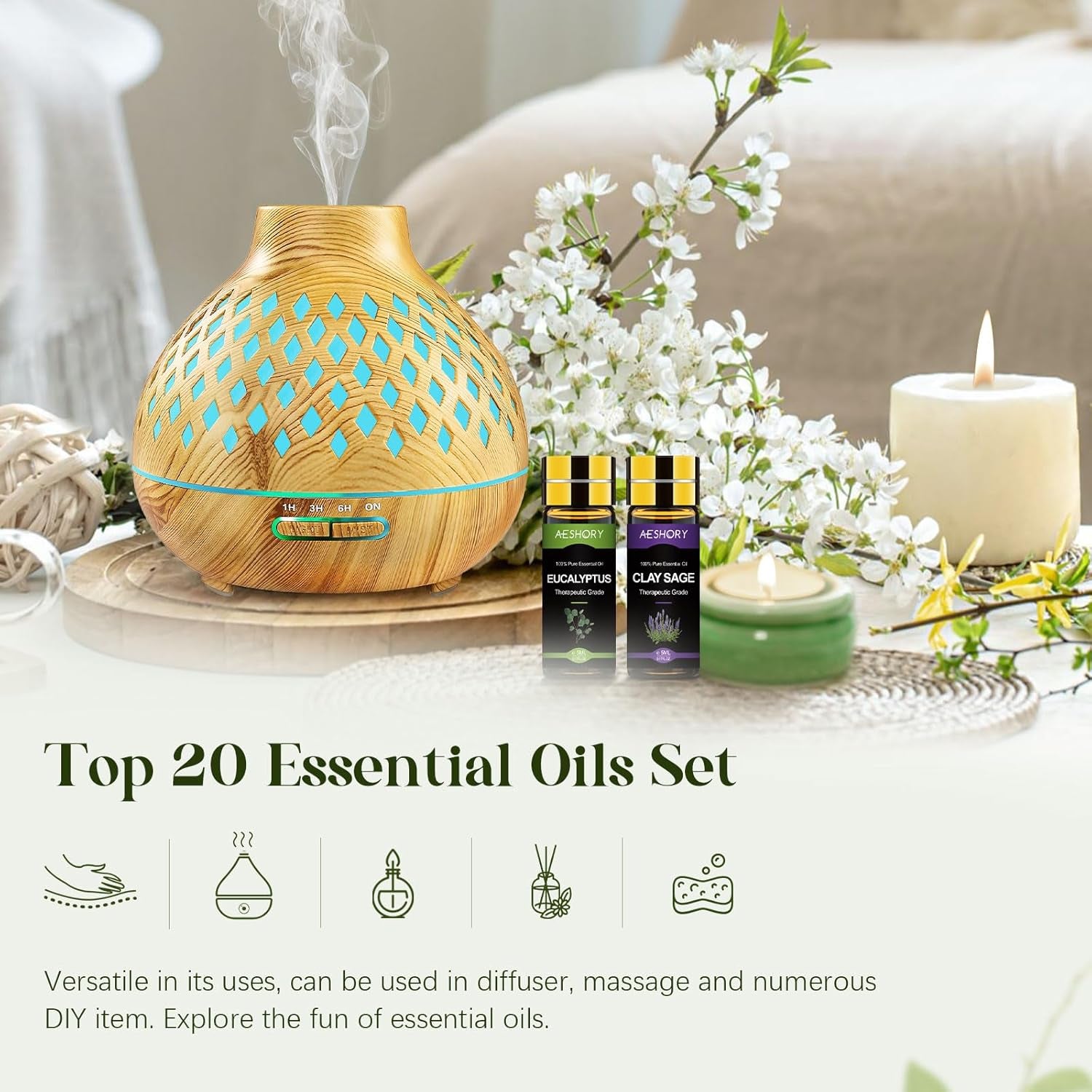 Kit Huiles Essentielles 20 X 5ML, Huiles Essentielles Aromathérapie 100% Pures & Naturelle Pour Diffuseurs, SPA, Massage, Bain, Idéal Coffret Cadeau - Lavande, Jasmin, Eucalyptus, Romarin