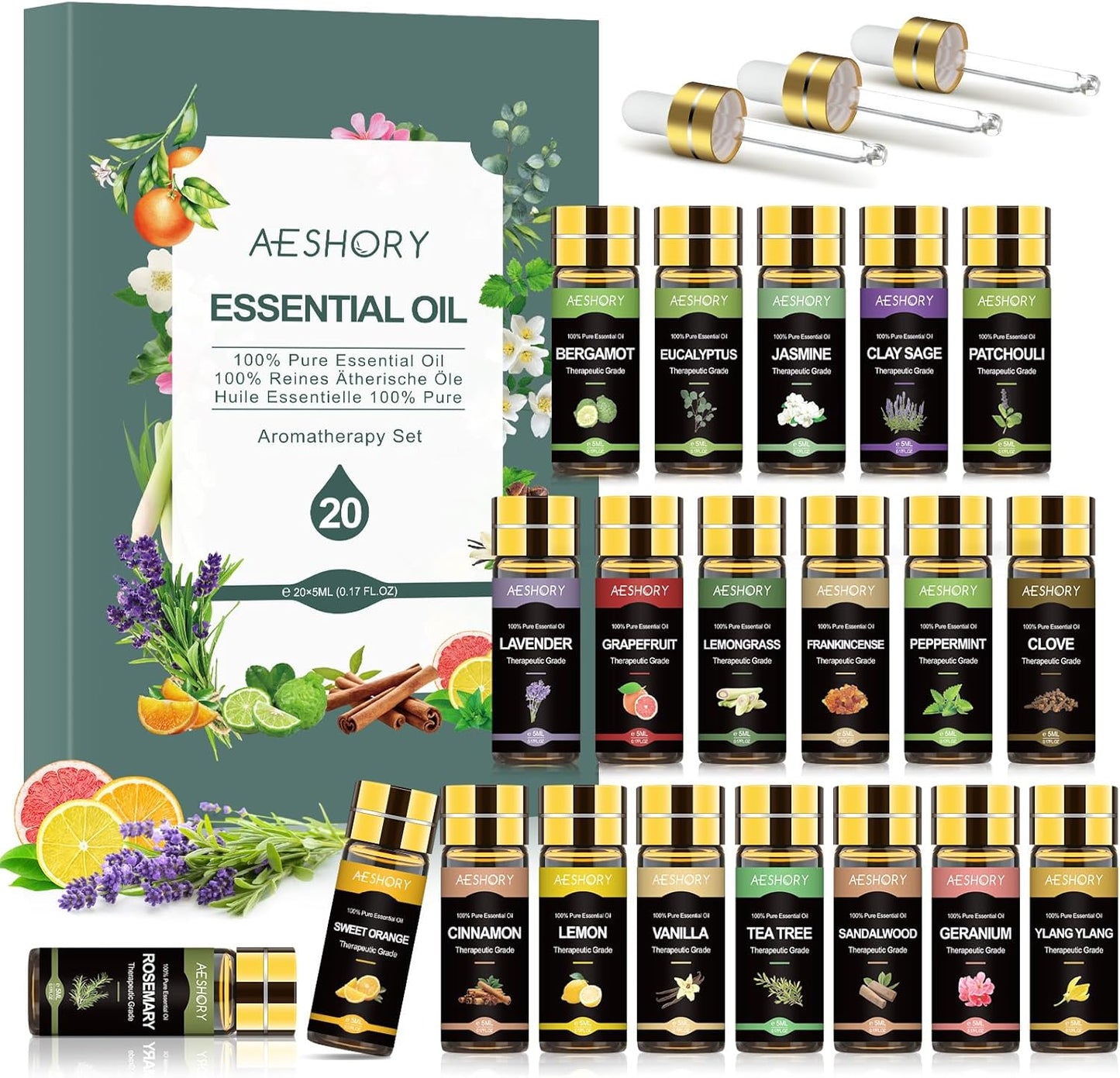 Kit Huiles Essentielles 20 X 5ML, Huiles Essentielles Aromathérapie 100% Pures & Naturelle Pour Diffuseurs, SPA, Massage, Bain, Idéal Coffret Cadeau - Lavande, Jasmin, Eucalyptus, Romarin