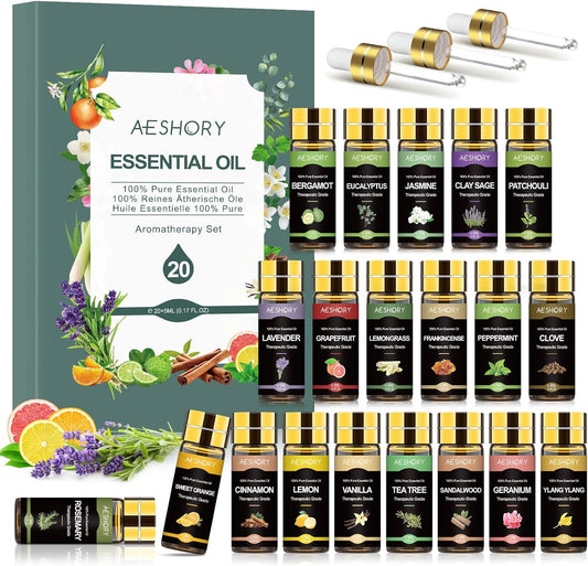 Kit Huiles Essentielles 20 X 5ML, Huiles Essentielles Aromathérapie 100% Pures & Naturelle Pour Diffuseurs, SPA, Massage, Bain, Idéal Coffret Cadeau - Lavande, Jasmin, Eucalyptus, Romarin