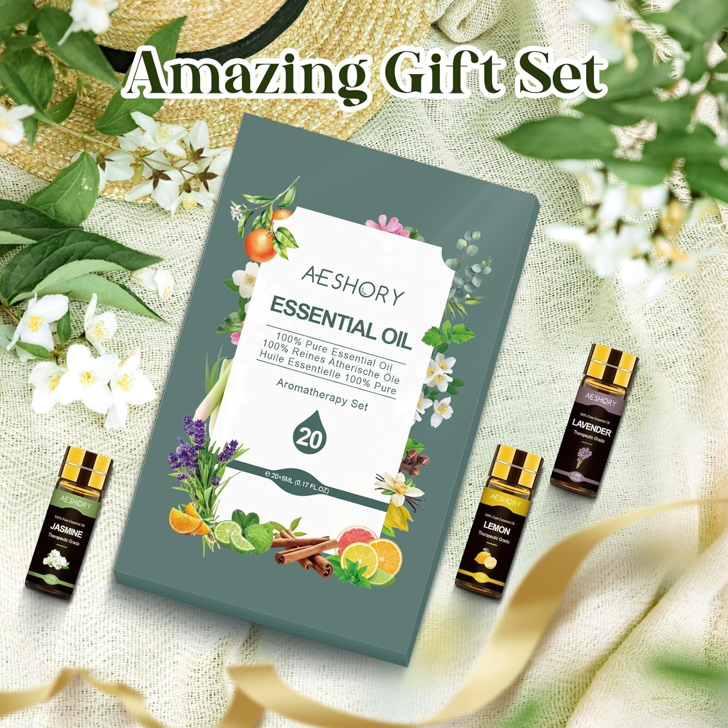 Kit Huiles Essentielles 20 X 5ML, Huiles Essentielles Aromathérapie 100% Pures & Naturelle Pour Diffuseurs, SPA, Massage, Bain, Idéal Coffret Cadeau - Lavande, Jasmin, Eucalyptus, Romarin